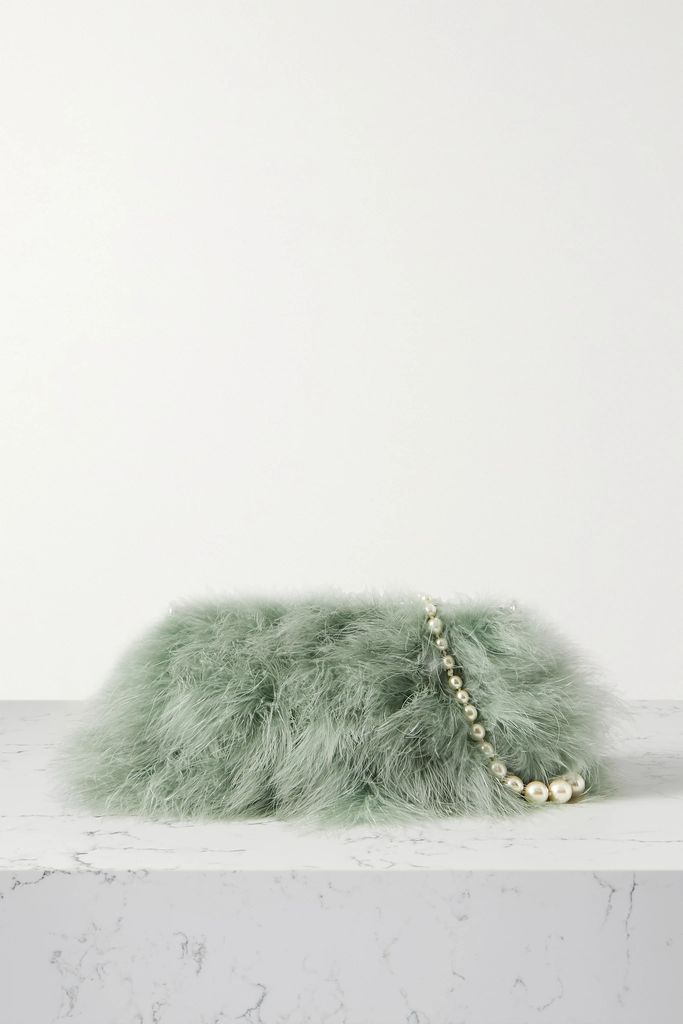 Velvet-trimmed Feather-embellished Satin Clutch - Green