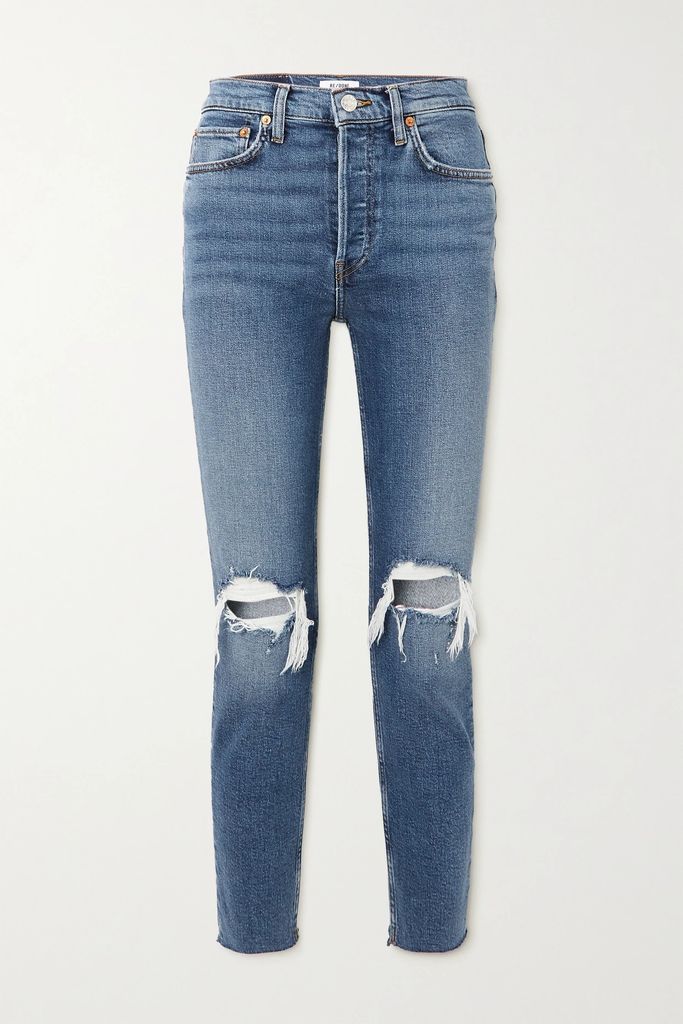 90s Comfort Stretch High-rise Ankle Crop Distressed Skinny Jeans - Mid denim