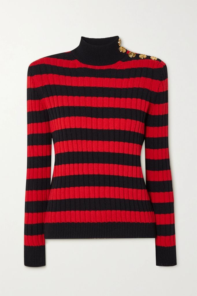 Striped Ribbed Wool-blend Sweater - Red