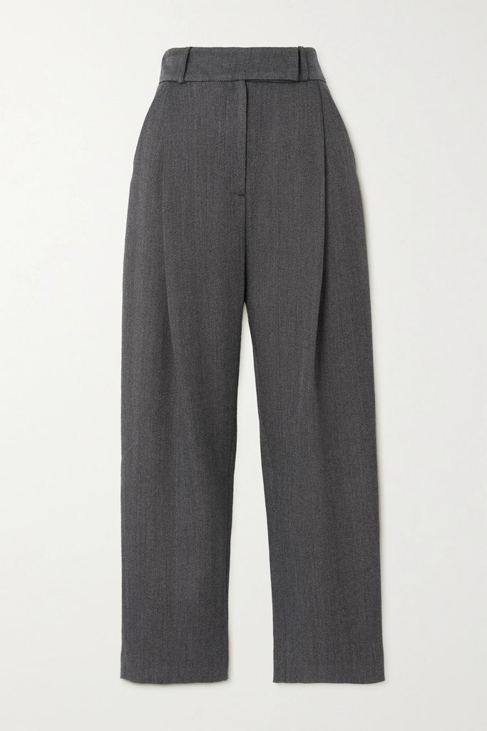 Pleated Herringbone Wool-blend Pants - Gray