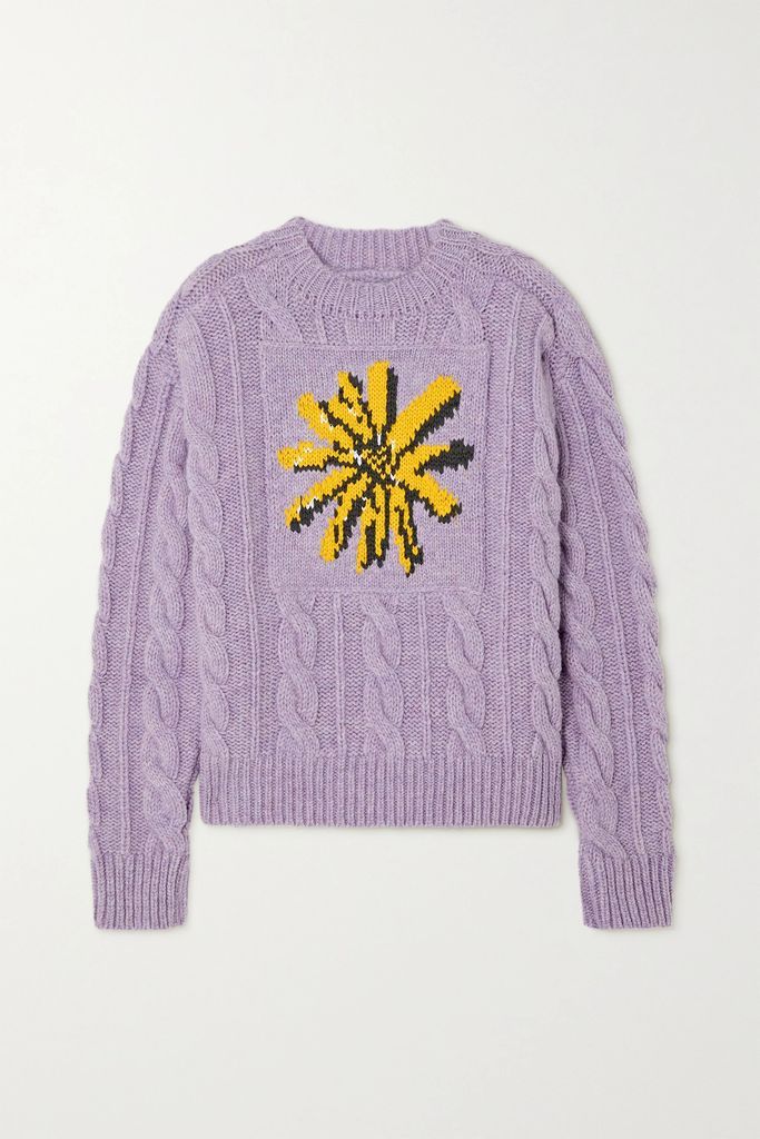 Intarsia Cable-knit Wool-blend Sweater - Lilac