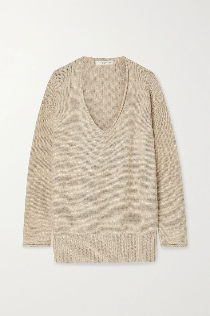 Sequin-embellished Metallic Knitted Sweater - Taupe