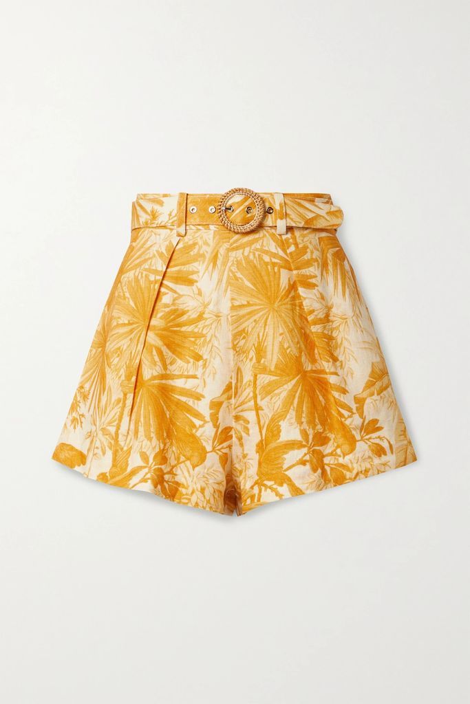 Mae Belted Pleated Printed Linen Shorts - Orange