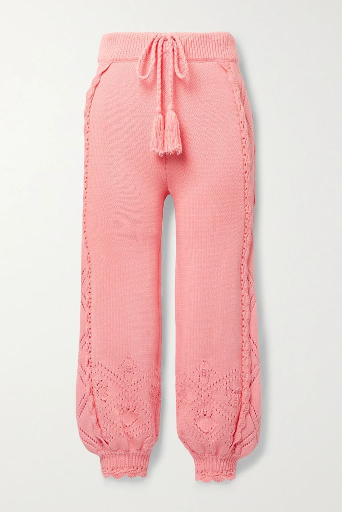 Nyla Scalloped Pointelle-knit Cotton Track Pants - Coral