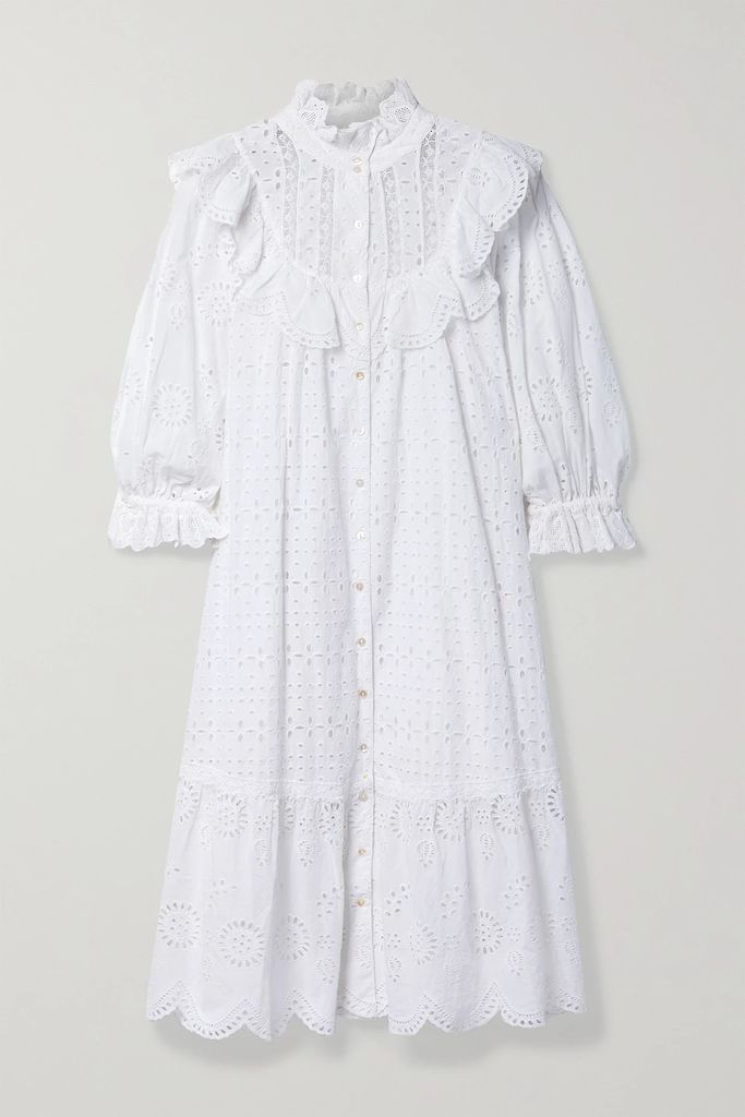 Elspeth Crochet-trimmed Scalloped Broderie Anglaise Cotton-voile Shirt Dress - White