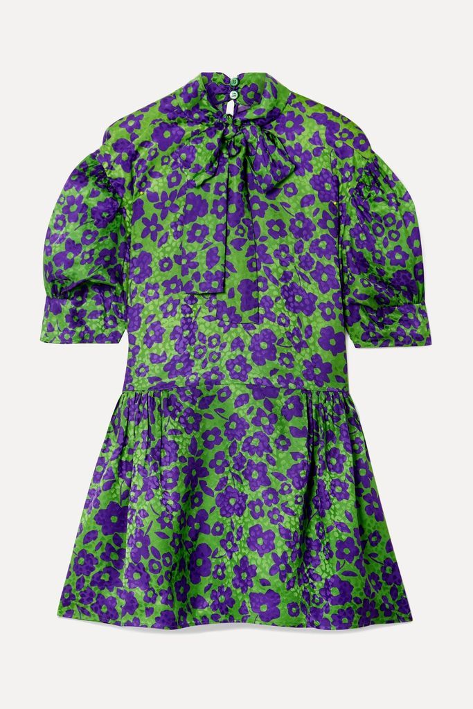 Pussy-bow Silk-jacquard Mini Dress - Green
