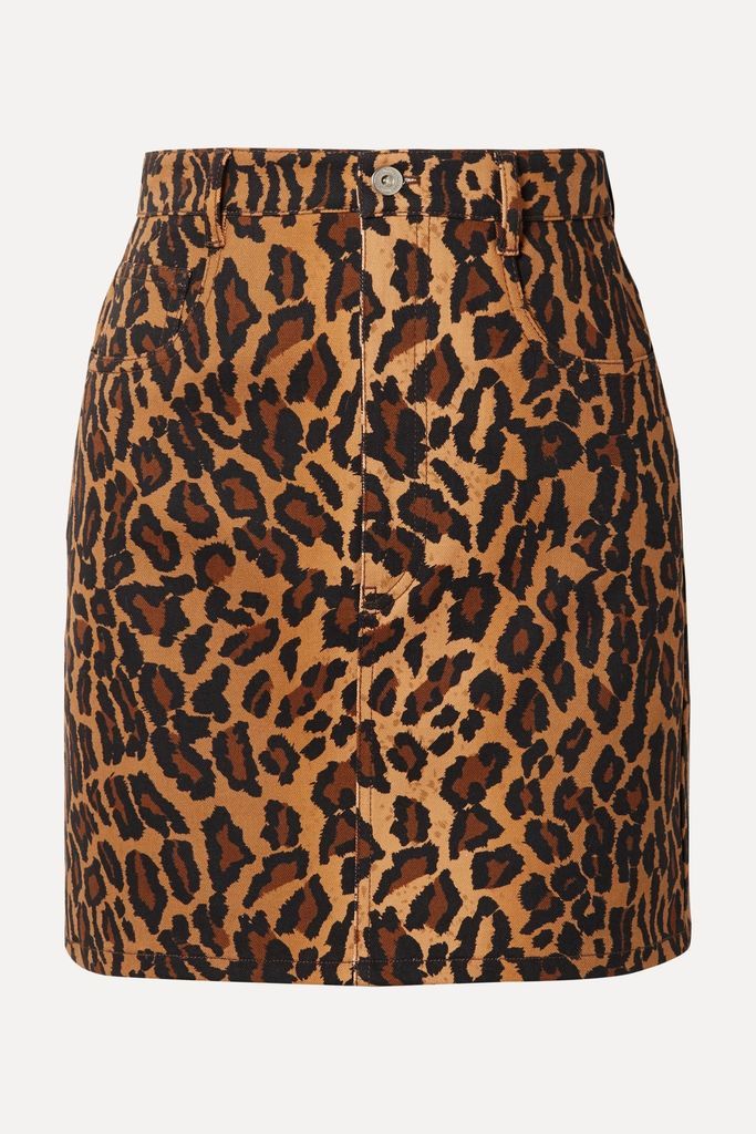 Appliquéd Leopard-print Denim Mini Skirt - Brown