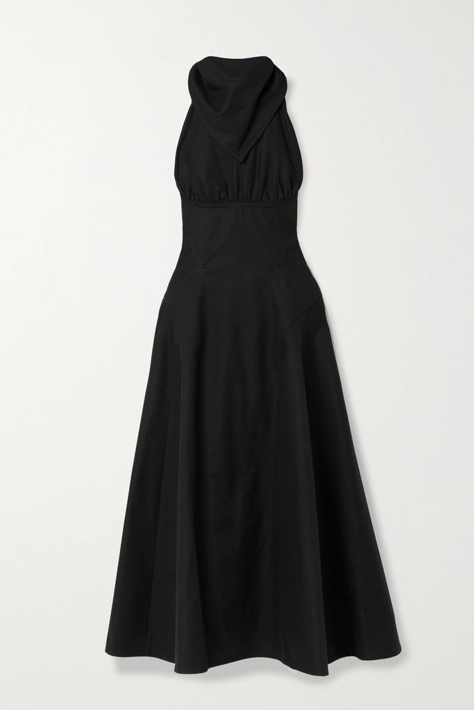 Open-back Gathered Cotton-twill Halterneck Gown - Black