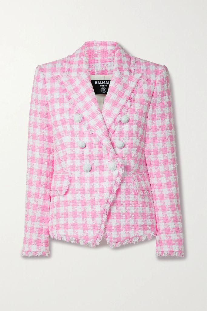Frayed Checked Cotton-blend Tweed Blazer - Baby pink