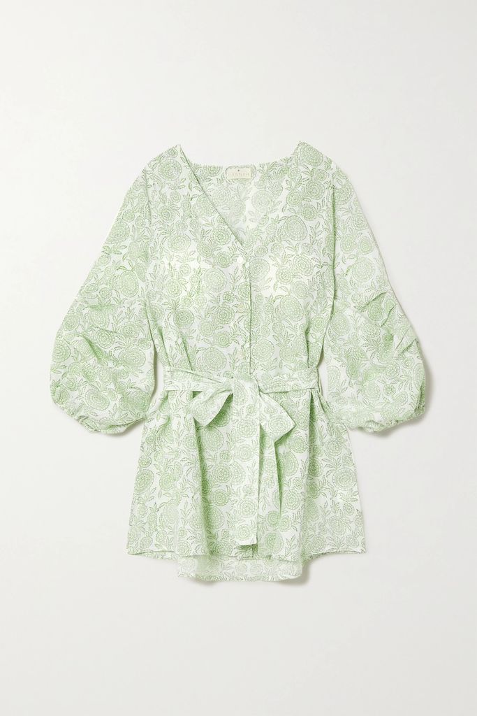 + Net Sustain Ischia Belted Floral-print Linen Mini Dress - Sage green