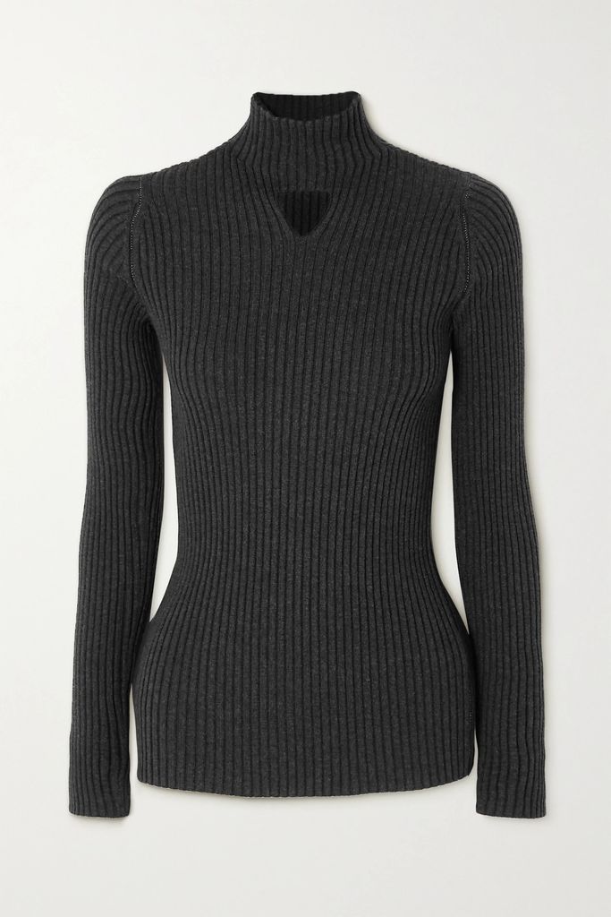 Cutout Ribbed Wool-blend Sweater - Charcoal