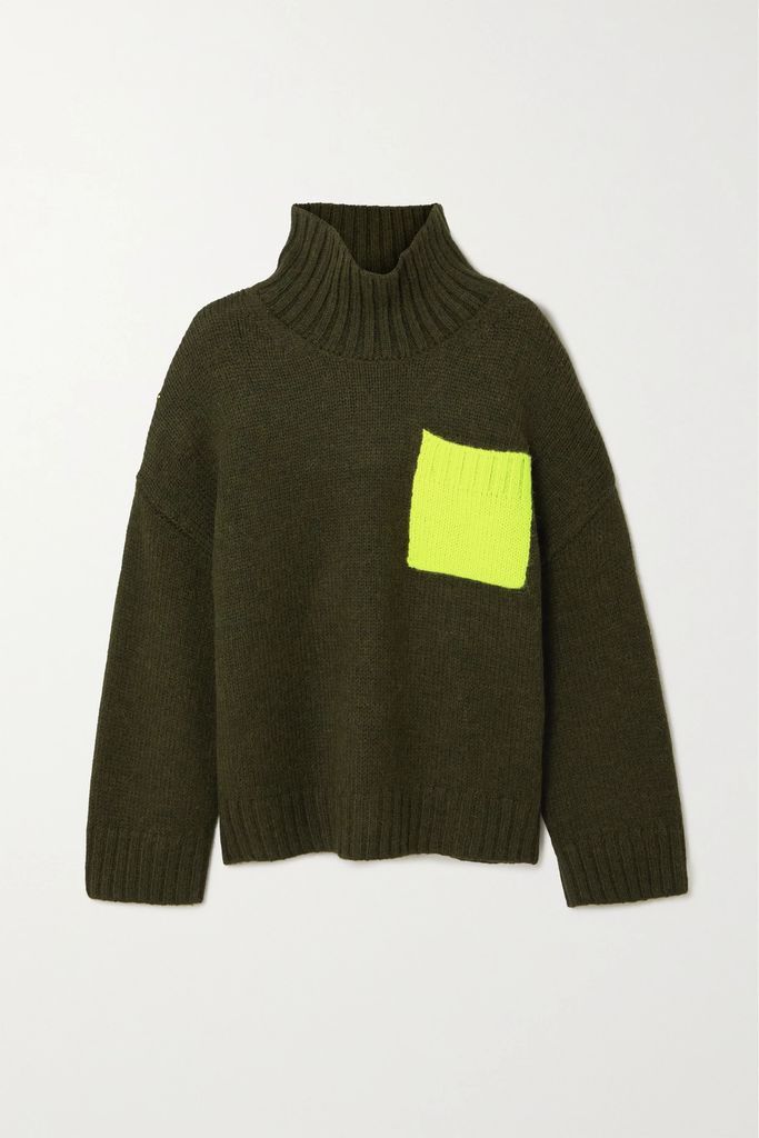 Two-tone Merino Wool Turtleneck Sweater - Green