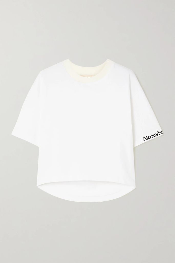 Cropped Embroidered Cotton-jersey T-shirt - White