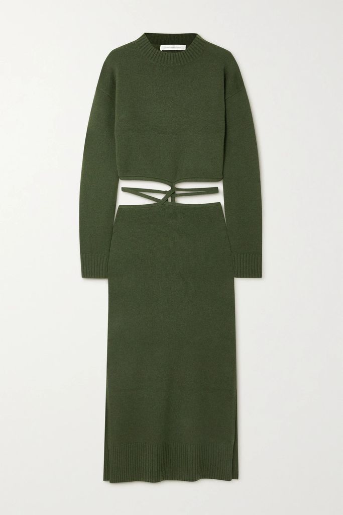 Tie-detailed Cutout Wool And Cashmere-blend Maxi Dress - Army green