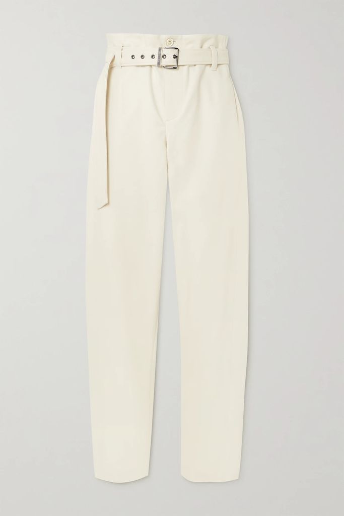 Belted Bead-embellished Cotton-blend Jersey Tapered Pants - Ivory