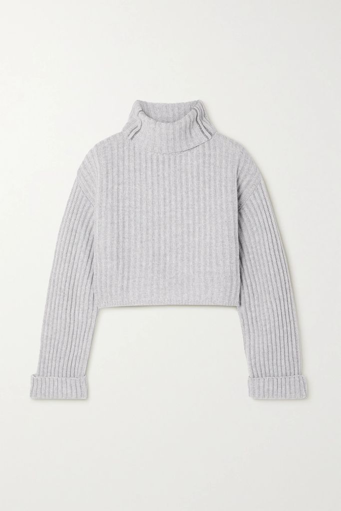 Cropped Bead-embellished Cashmere Turtleneck Sweater - Light gray