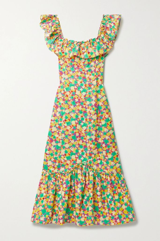 June Ruffled Printed Cotton Midi Dress - Yellow