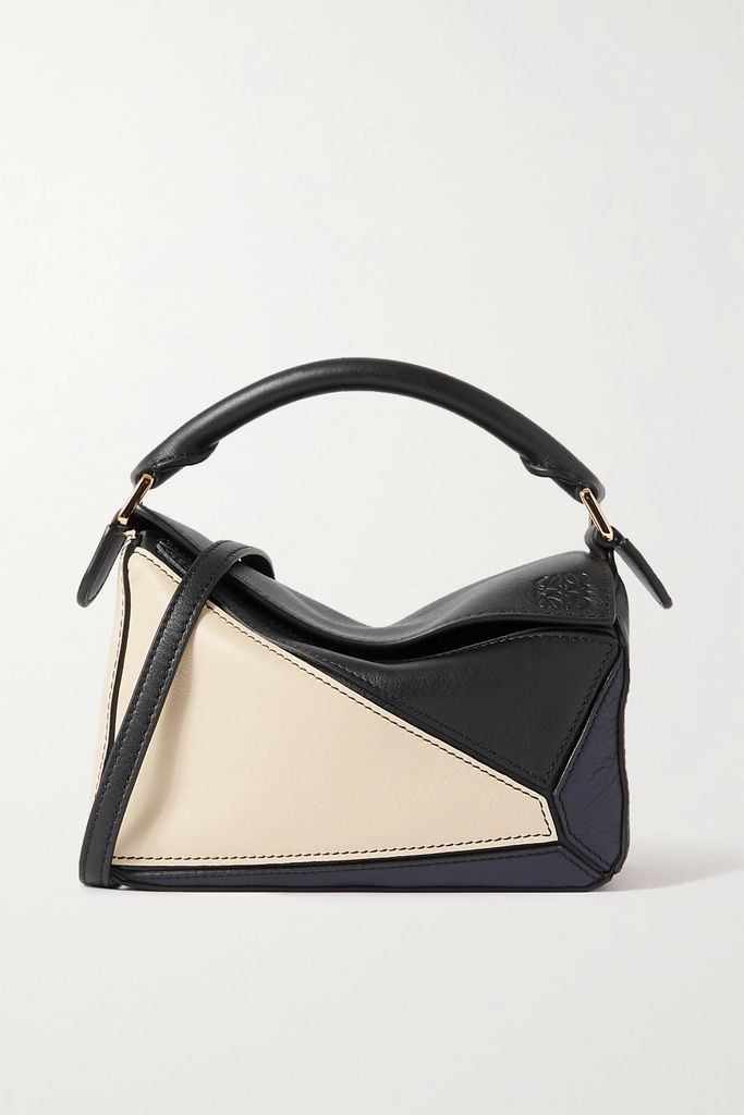 Puzzle Mini Color-block Leather Shoulder Bag - Black