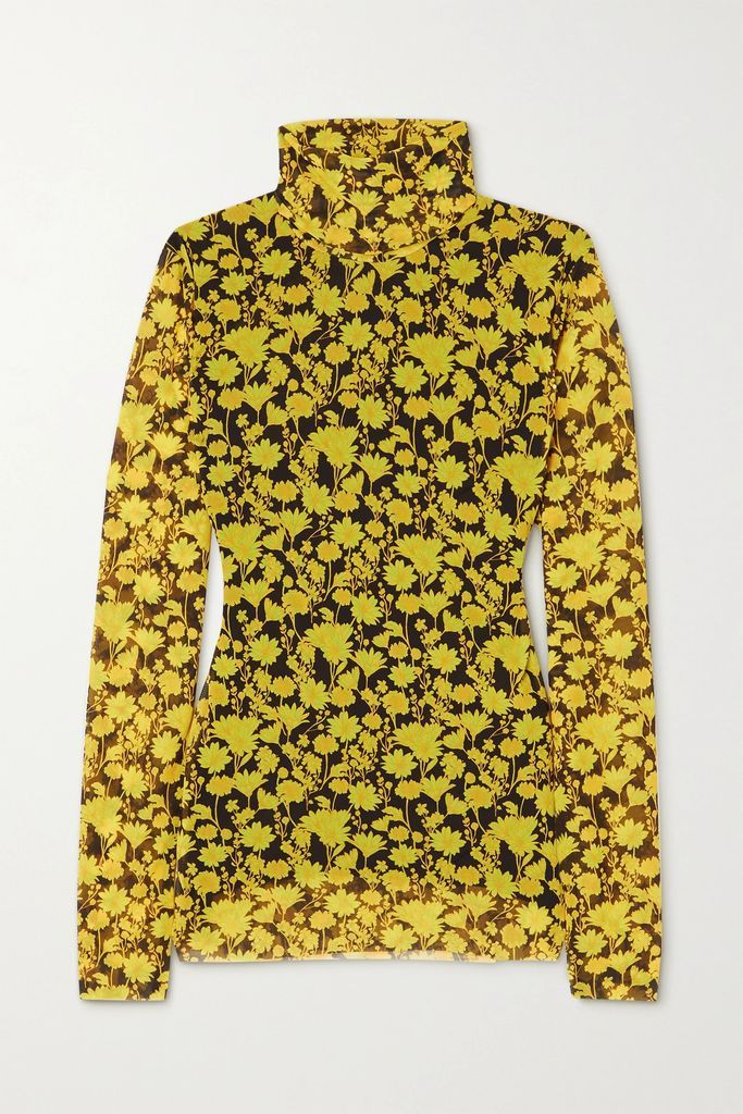 Floral-print Recycled Stretch-mesh Turtleneck Top - Mustard