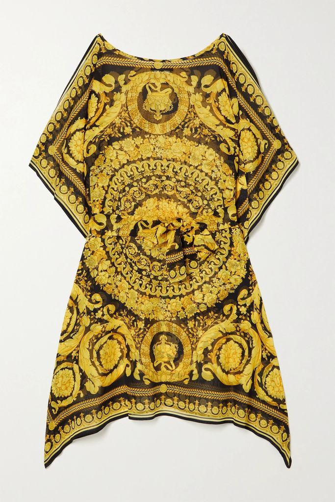 Cold-shoulder Printed Silk-chiffon Mini Dress - Gold