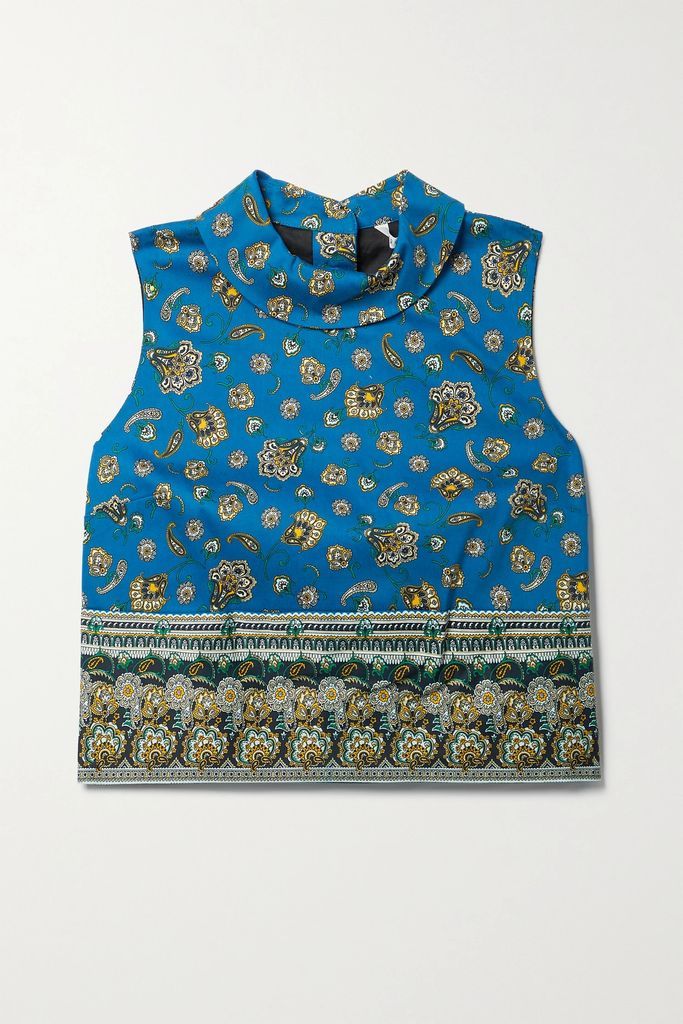 Sylvana Cropped Paisley-print Cotton-blend Twill Top - Blue