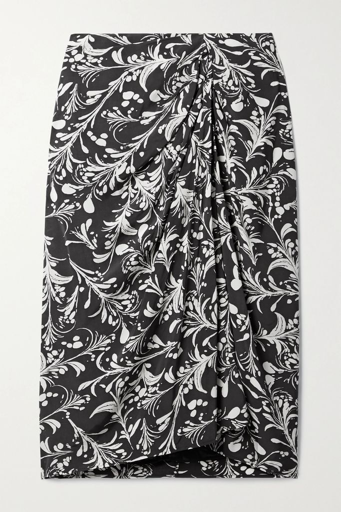 Colette Ruched Floral-print Crepe De Chine Skirt - Black
