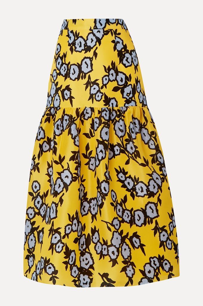 Tiered Floral-print Silk-organza Midi Skirt - Yellow
