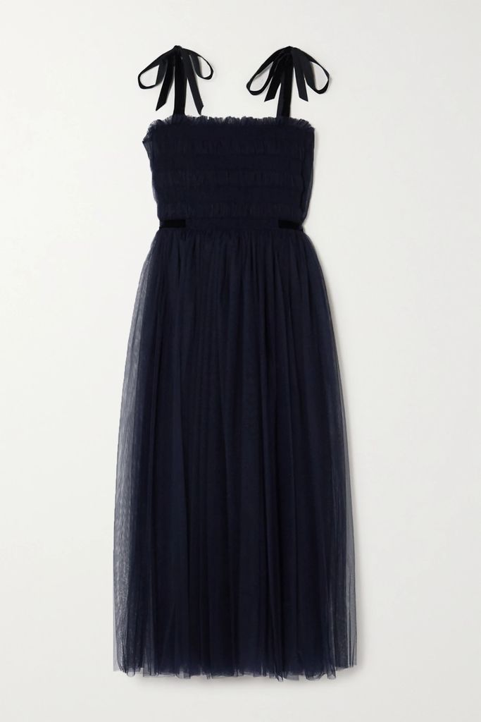 Marta Velvet-trimmed Shirred Tulle Midi Dress - Blue