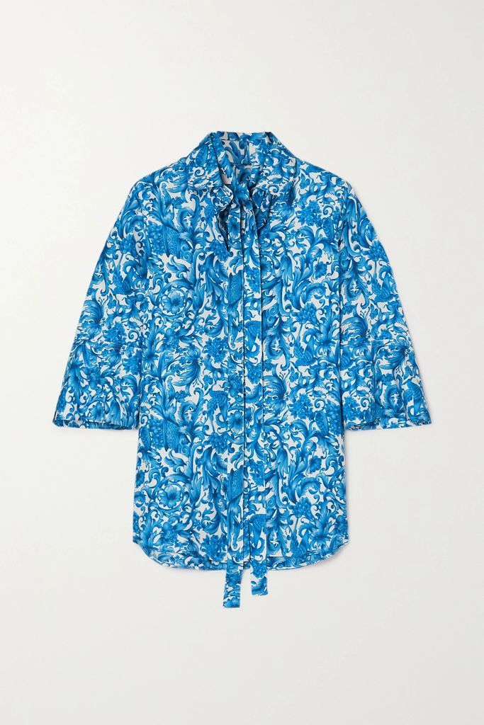 Pussy-bow Printed Silk-twill Blouse - Blue