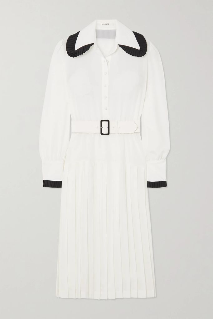 Belted Pleated Silk Shirt Dress - White