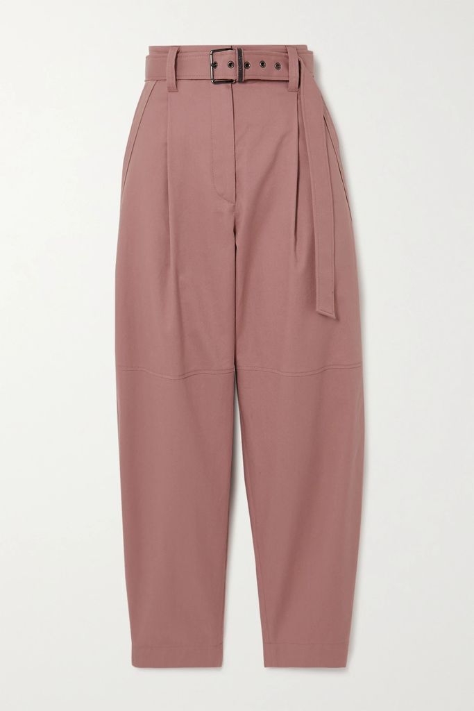 Belted Pleated Cotton-drill Straight-leg Pants - Pink