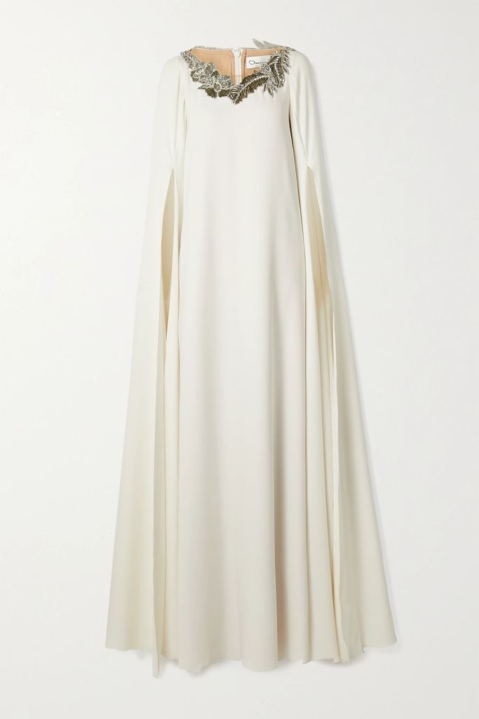 Cape-effect Appliquéd Tulle-trimmed Silk-blend Gown - Ivory