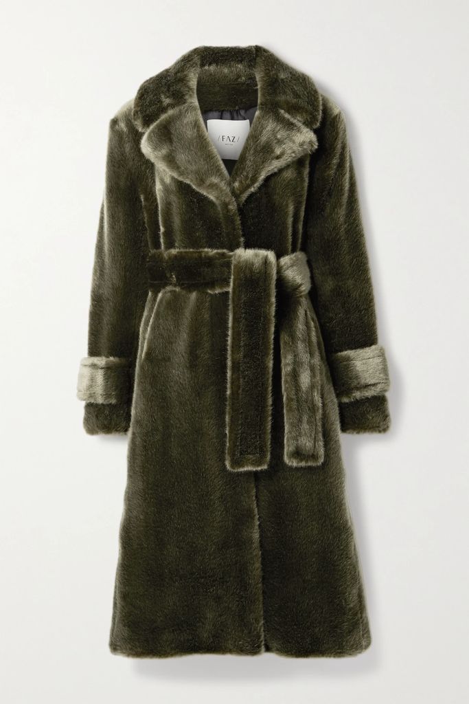 Soldier Belted Faux Fur Coat - Green