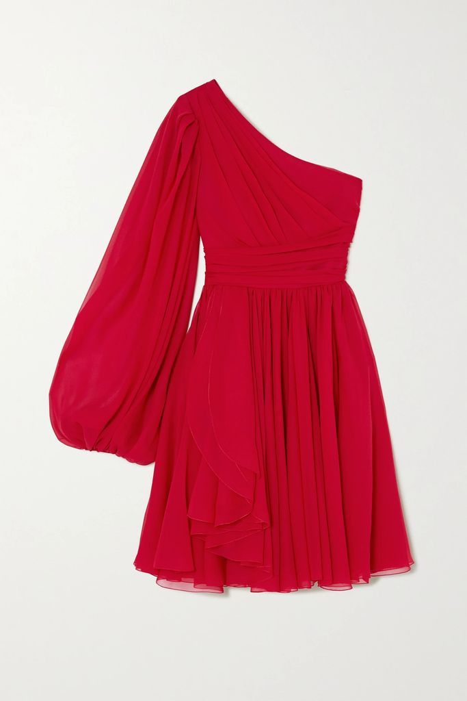 One-sleeve Draped Silk-georgette Dress - Red