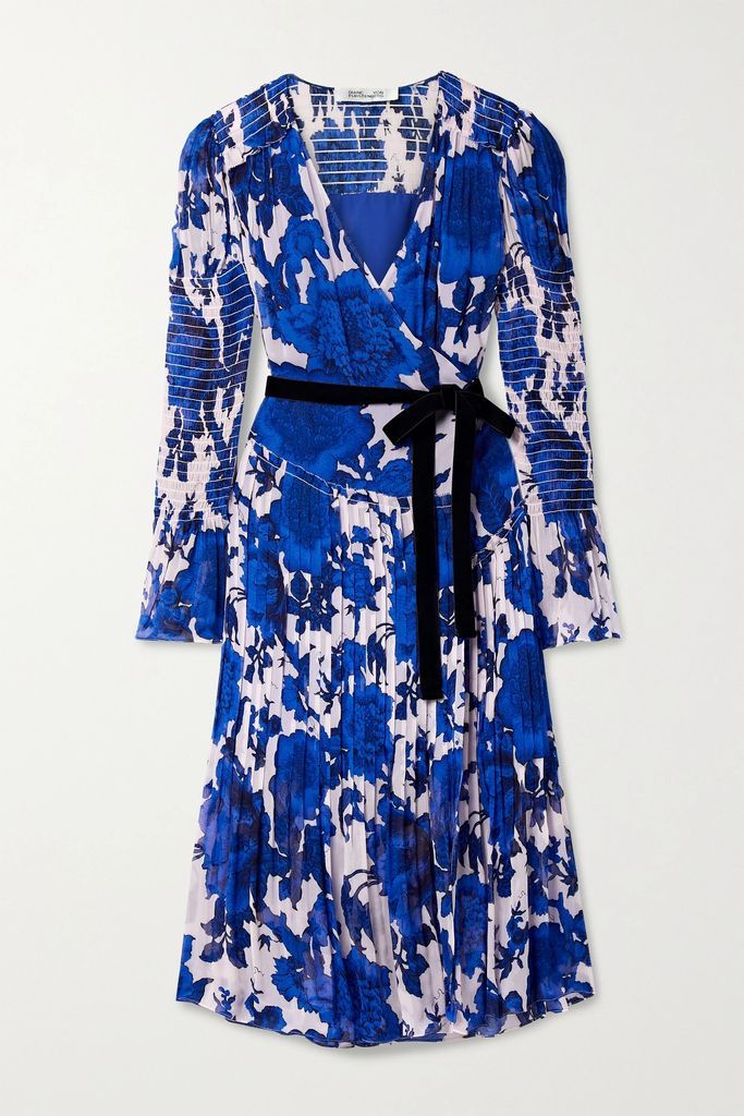 Ani Velvet-trimmed Shirred Floral-print Crepon Wrap Dress - Navy