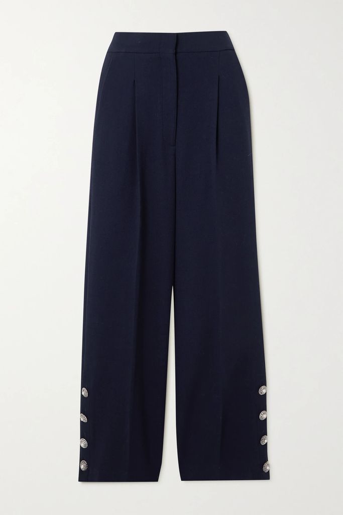 Button-embellished Pleated Wool-blend Crepe Wide-leg Pants - Navy