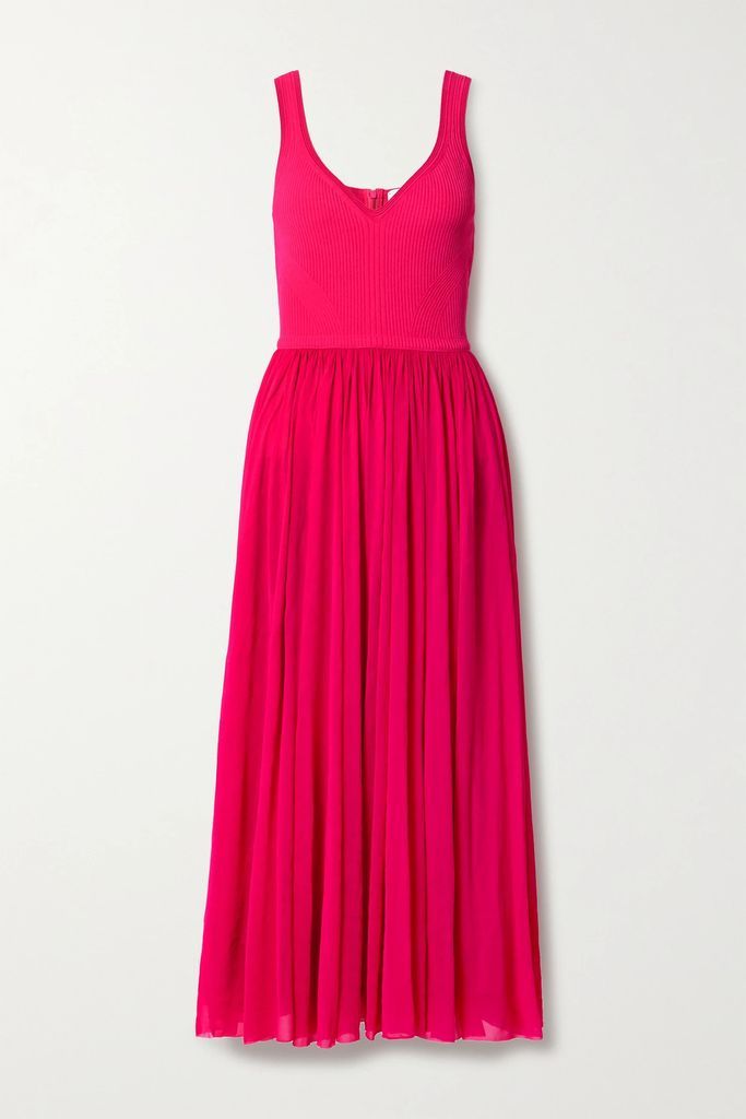 Chiffon And Ribbed-knit Midi Dress - Bright pink