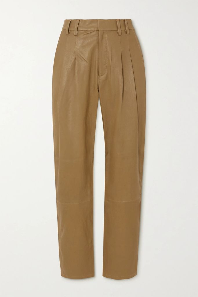 Pleated Leather Tapered Pants - Beige