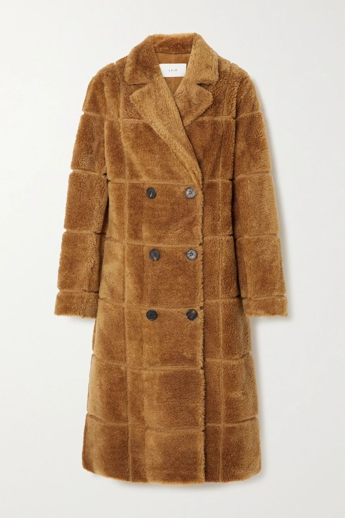 Double-breasted Paneled Faux Shearling Coat - Camel