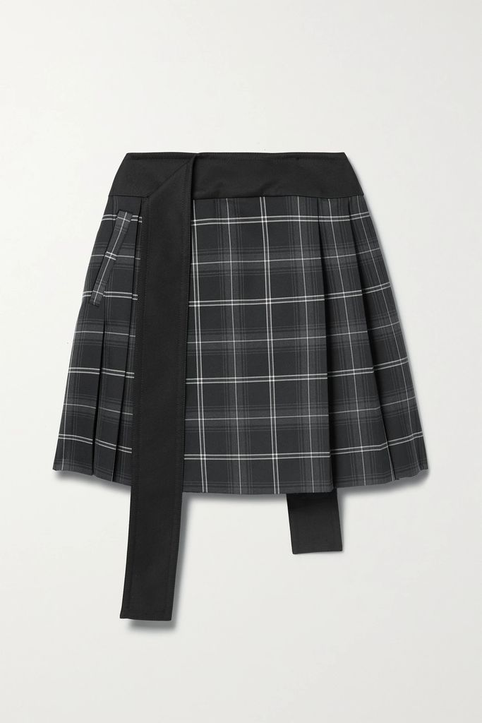 Twill-trimmed Pleated Checked Wool-blend Mini Wrap Skirt - Gray
