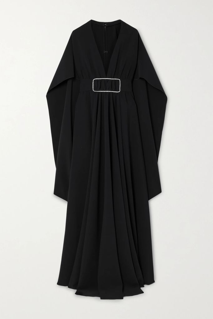 Cape-effect Crystal-embellished Crepe Gown - Black