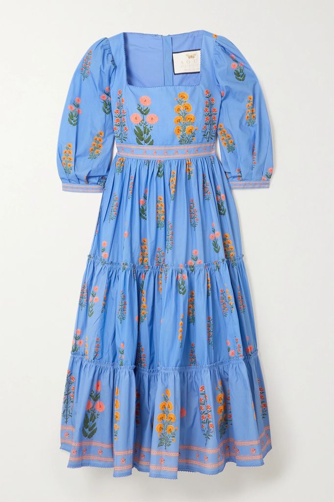 Miel Tiered Floral-print Cotton-poplin Midi Dress - Blue