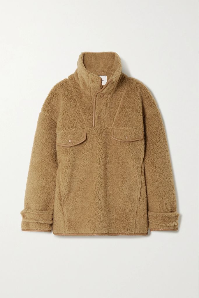 Falon Vegan Leather-trimmed Fleece Sweater - Brown