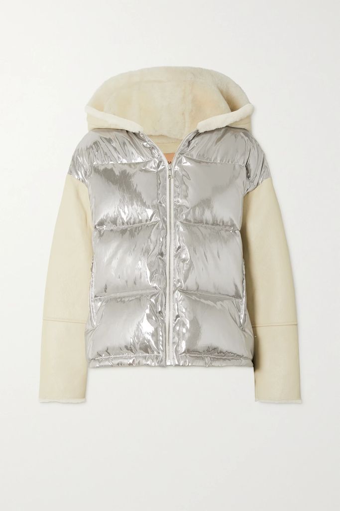 Hooded Shearling And Quilted Metallic Shell Down Jacket - Silver