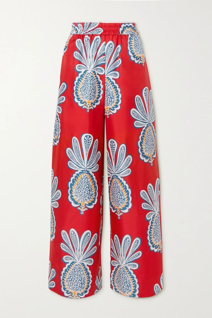 Printed Silk-twill Wide-leg Pants - Red