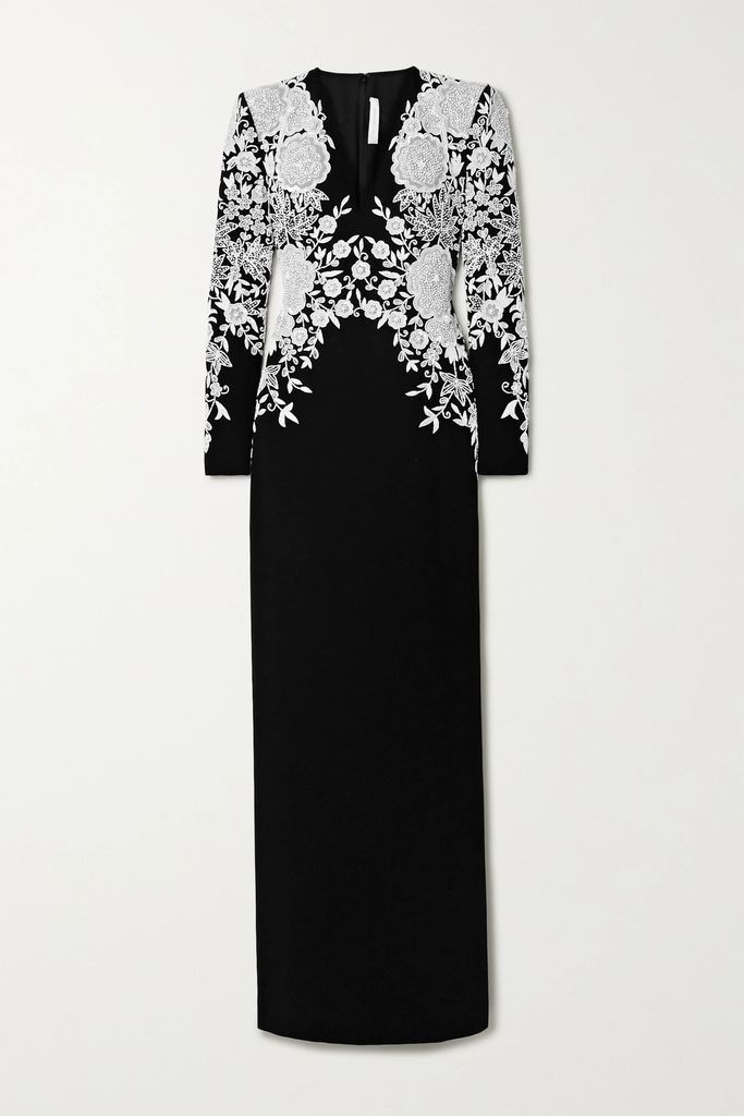 Embroidered Embellished Silk-crepe Gown - Black