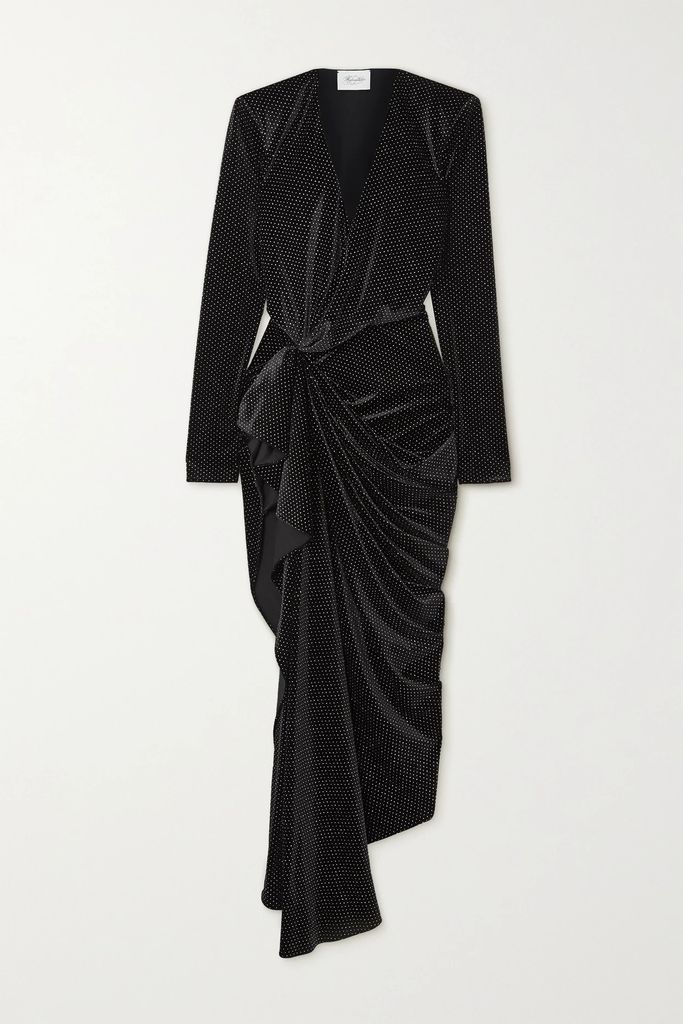 Asymmetric Draped Glittered Velvet Dress - Black