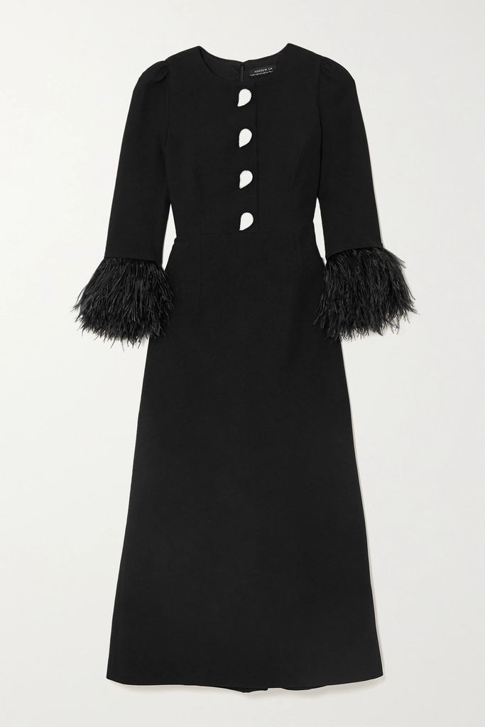 Feather-trimmed Crystal-embellished Crepe Midi Dress - Black