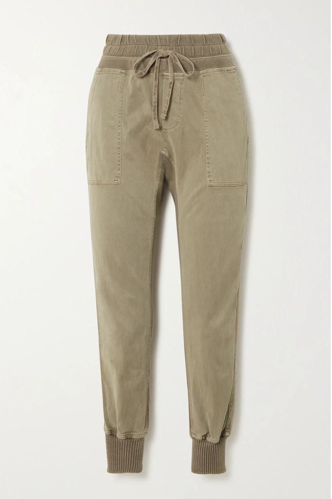 Jersey-trimmed Cotton-twill Track Pants - Beige