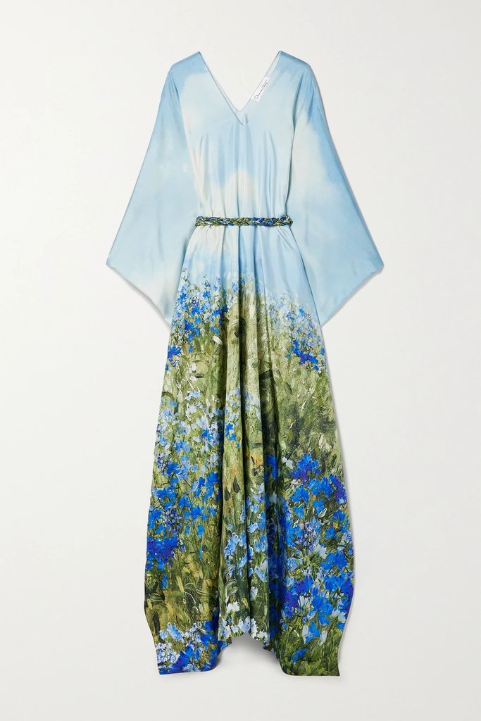 Belted Draped Floral-print Silk-satin Twill Kaftan - Blue
